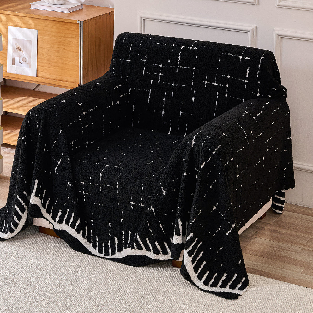 Buy Black Colour Supple Soft Wavy Plush Sofa Throw Cover | HOKIPO 