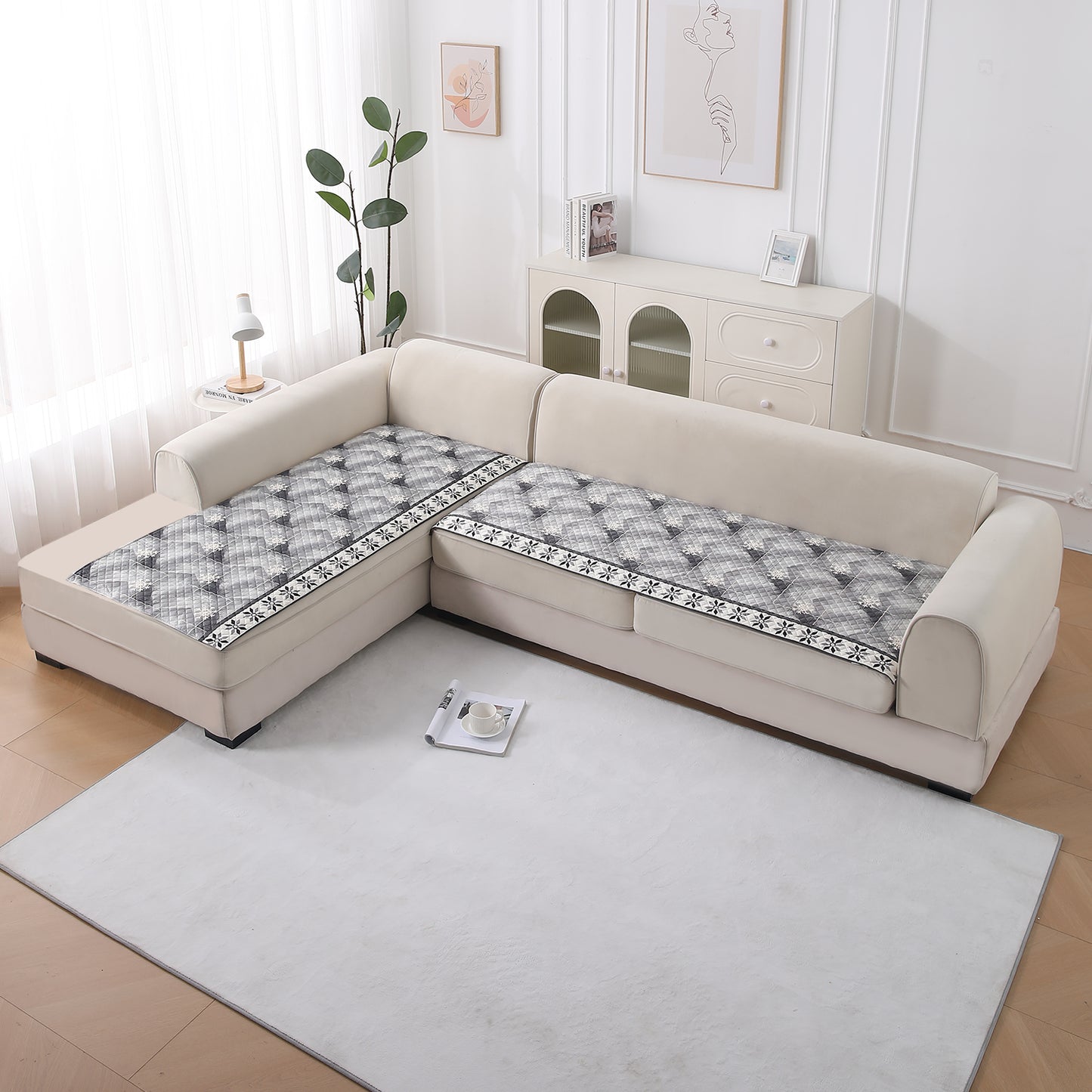 LiefNest Printed Holland Velvet L Shape Sofa Seat Mat with Foam Filling - Snowflakes Gradient Grey