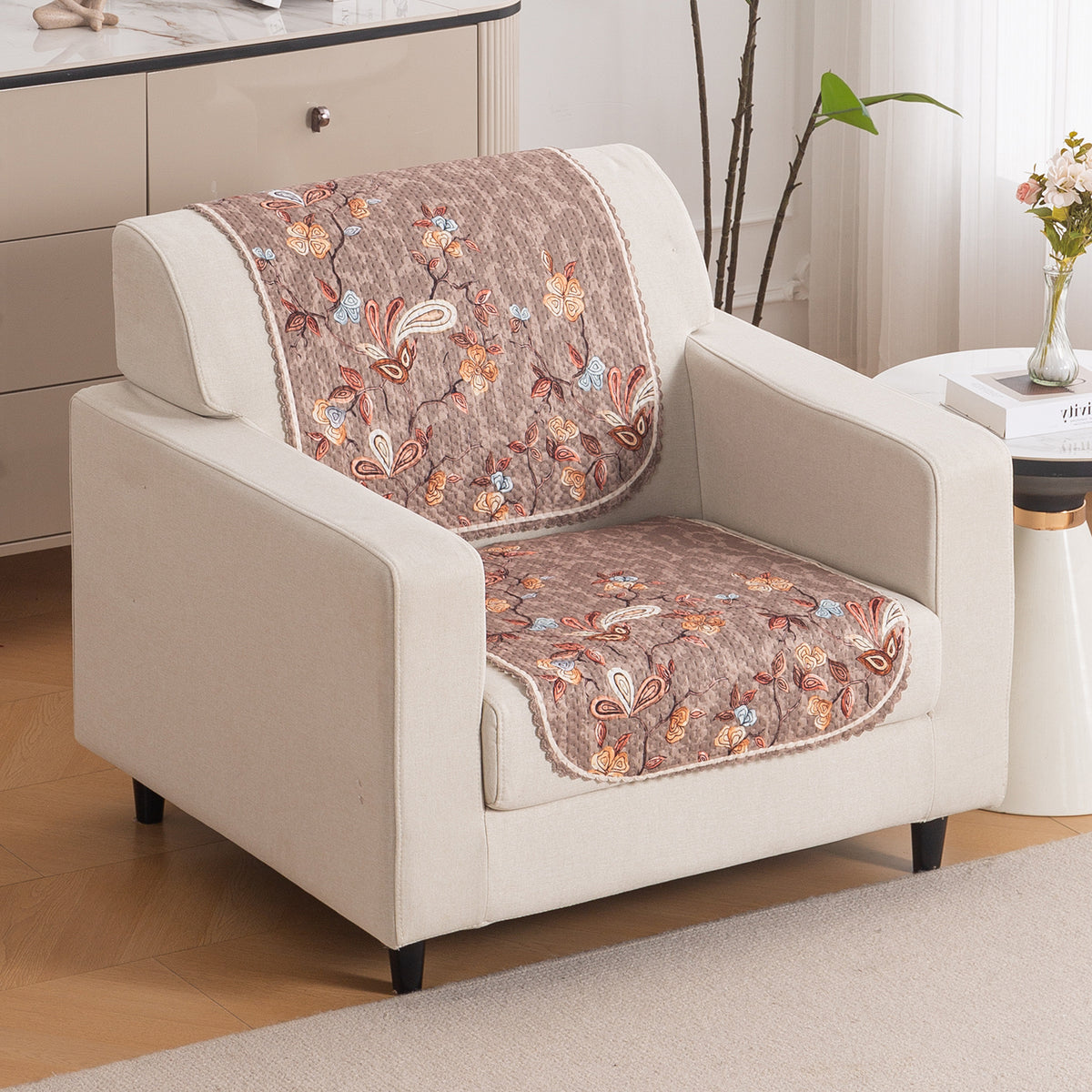 Buy Vintage Bloom HeavenHue quilted fleece sofa cover for single seater, soft washable fabric