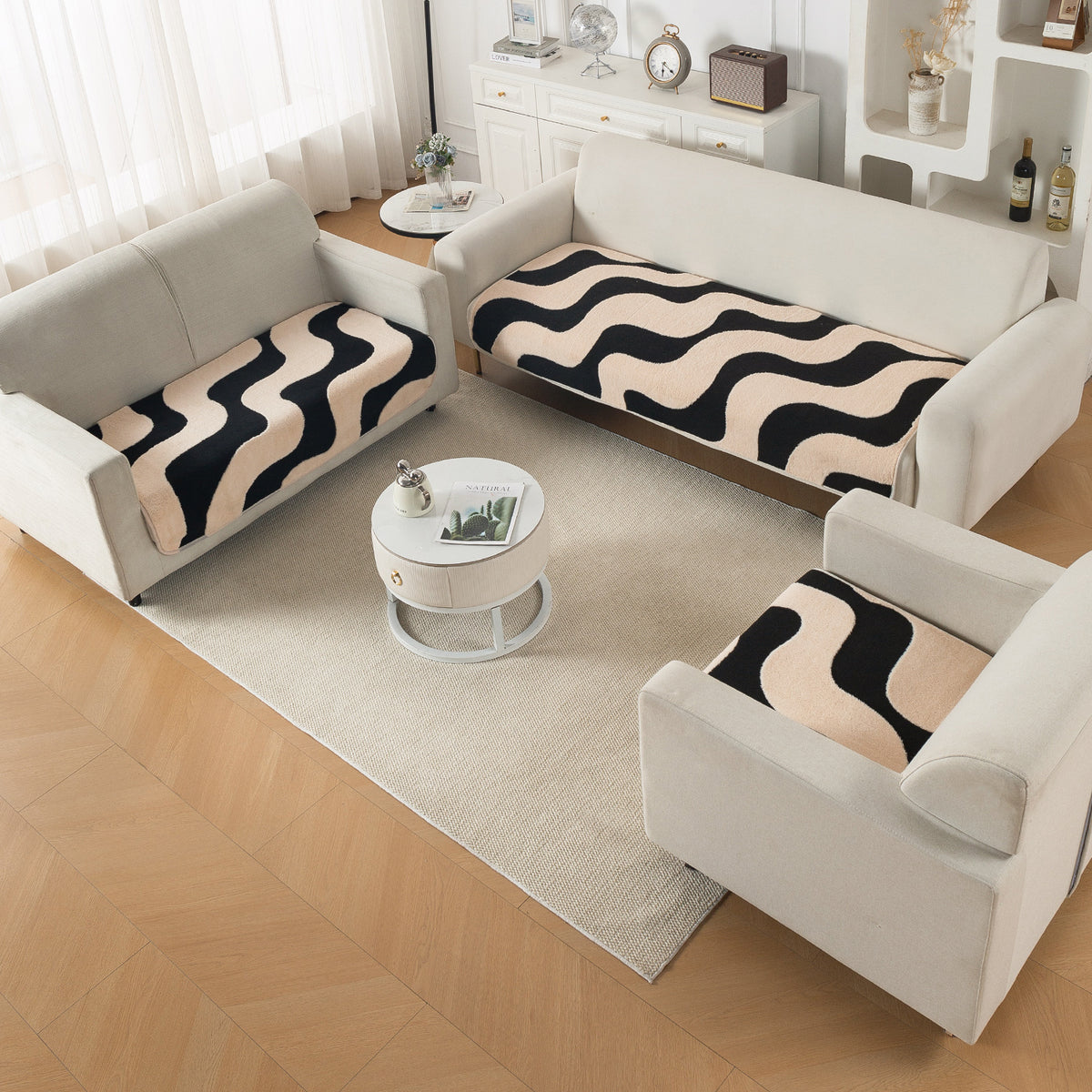 Luxury Plush Sherpa Anti Slip Combination Sofa Mat, 'Noirea Series'|Wavy Stripe