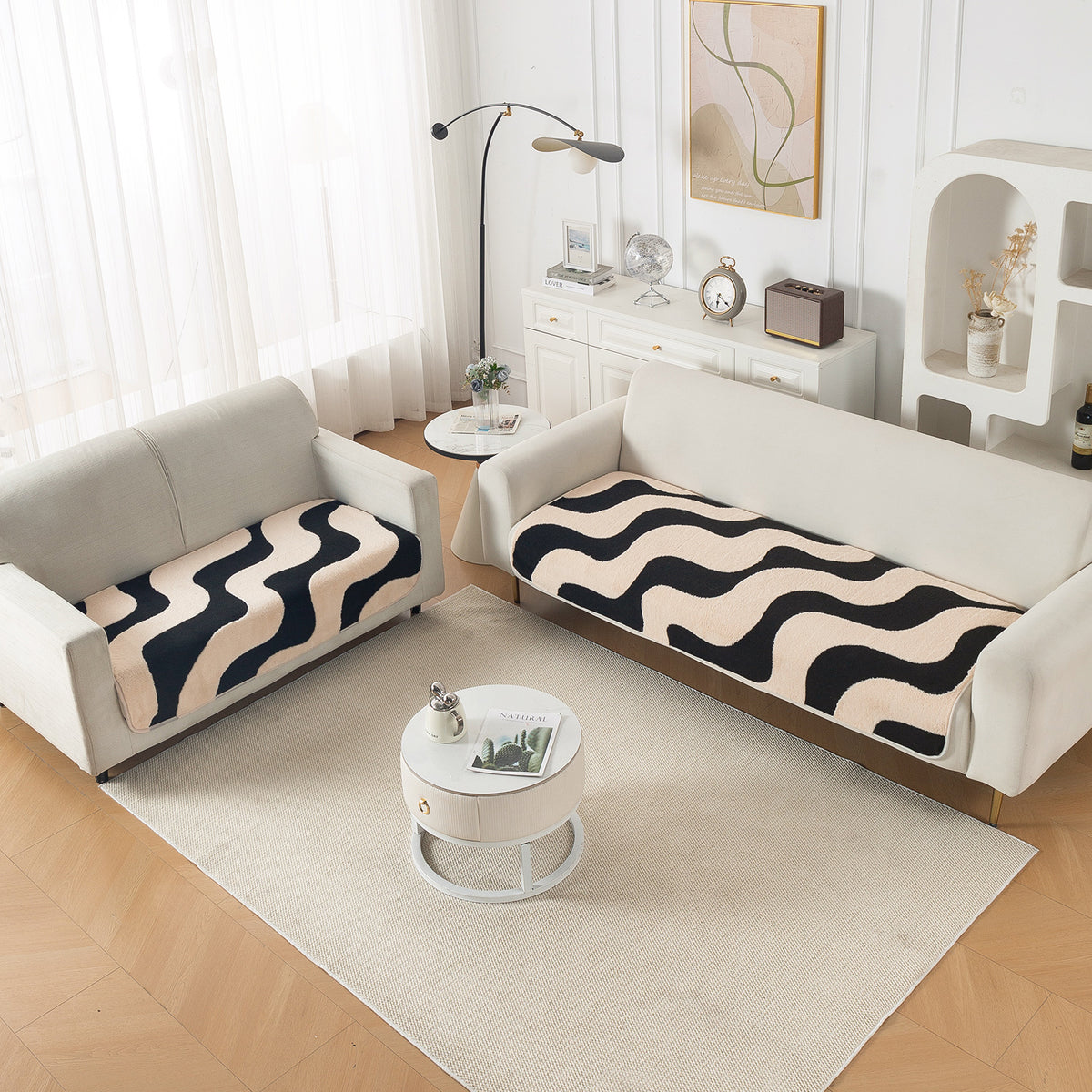 Luxury Plush Sherpa Anti Slip Combination Sofa Mat, 'Noirea Series'|Wavy Stripe