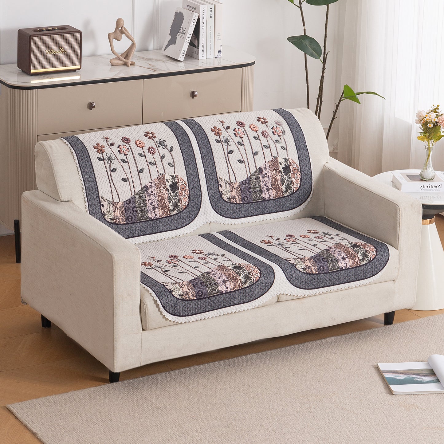 HeavenHue Fleece Soft Touch Quilted Sofa Cover Set Washable Sofa Panel for Seat & Back - Mystic Wings
