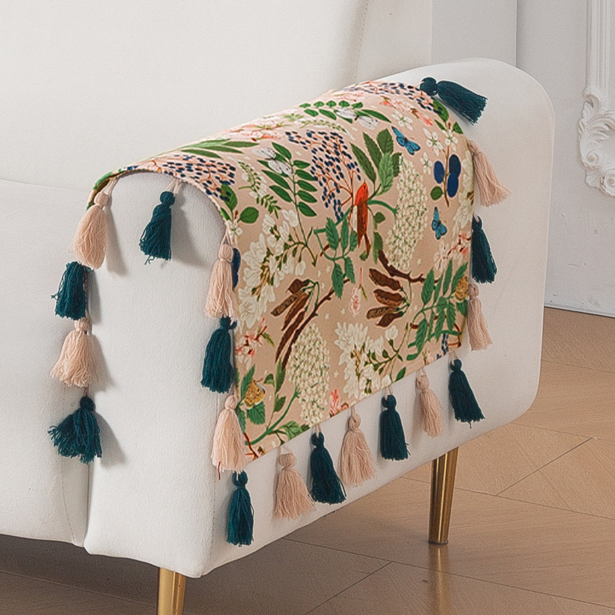 'Whispers of Nature' Series Holland Velvet Sofa Cover with Tassel, Beige Woodland Bloom
