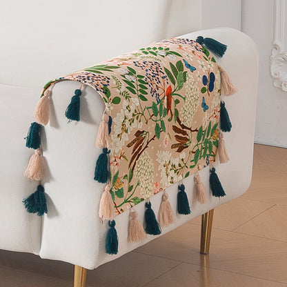 'Whispers of Nature' Series Holland Velvet Sofa Cover with Tassel, Beige Woodland Bloom