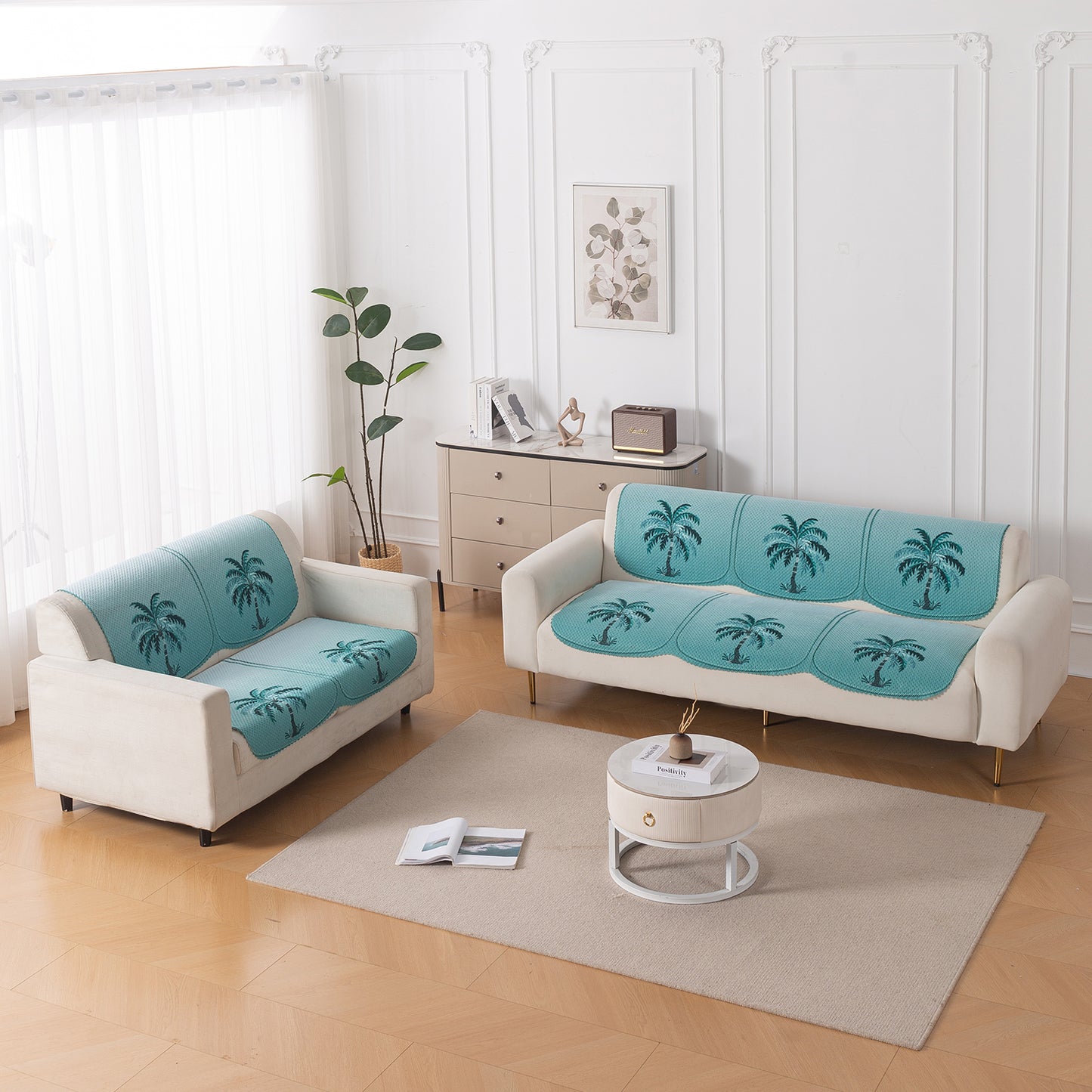 HeavenHue Fleece Soft Touch Quilted Sofa Cover Set Washable Sofa Panel for Seat & Back - Island Breeze