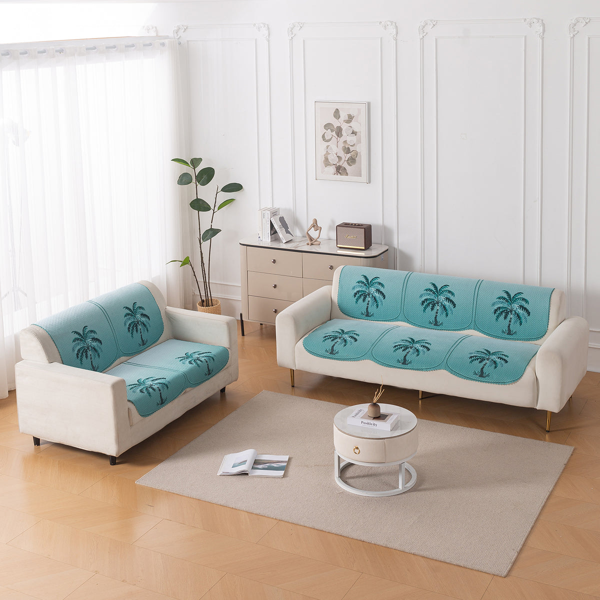 HeavenHue Fleece Soft Touch Quilted Sofa Cover Set Washable Sofa Panel for Seat & Back - Island Breeze
