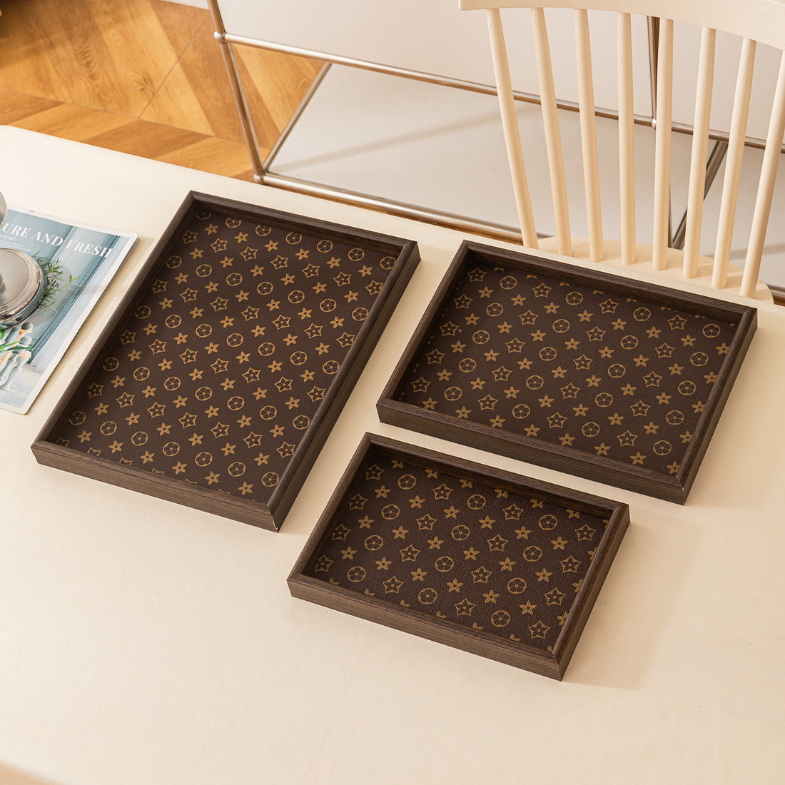 Elegant Brown Finish Rectangular MDF Serving Tray