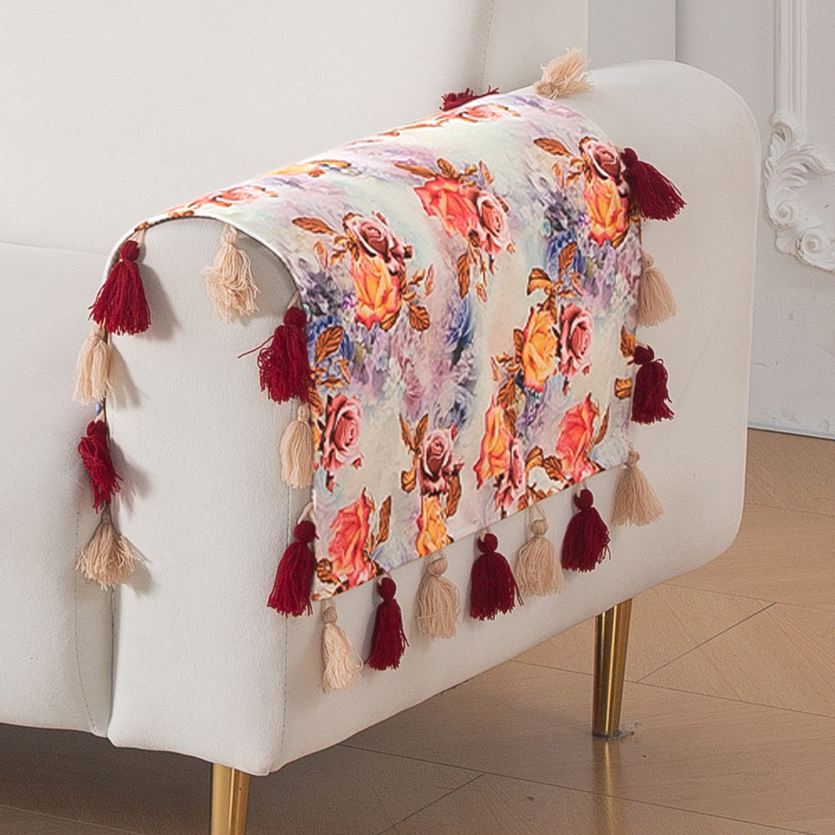 'Whispers of Nature' Series Holland Velvet Sofa Cover with Tassel, Vintage Rose Bloom