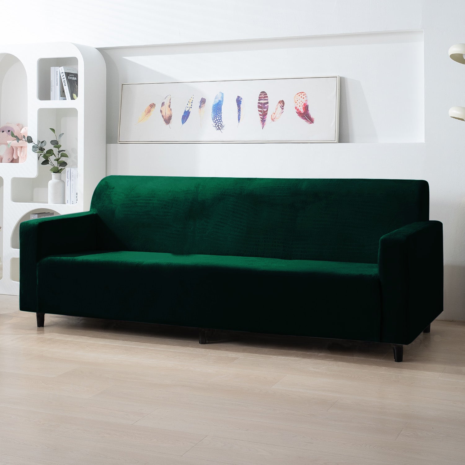 Elastic Stretchable Premium Velvet Sofa Cover, Hunter Green
