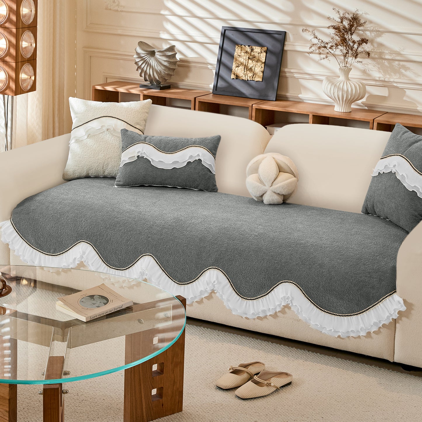 French Classic Frill Wavy Sofa Cover Mat with Curve & Lace - Moonstone Grey