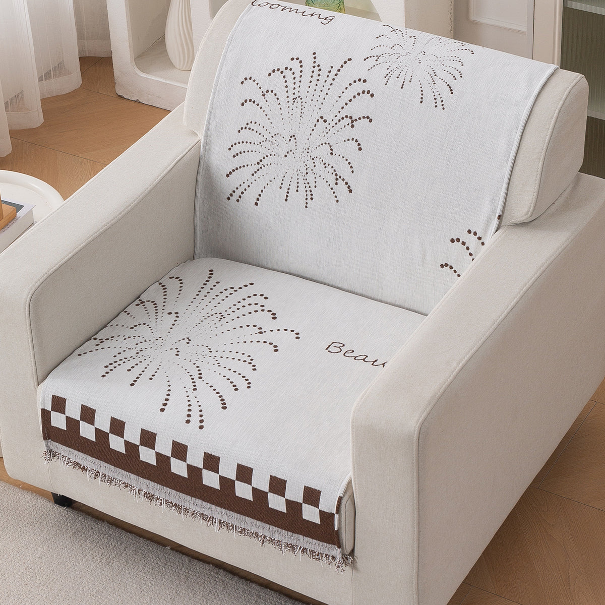 Premium 320 GSM Chenille Sofa Cover 'Serene Abode Series', Brown Dot Burst