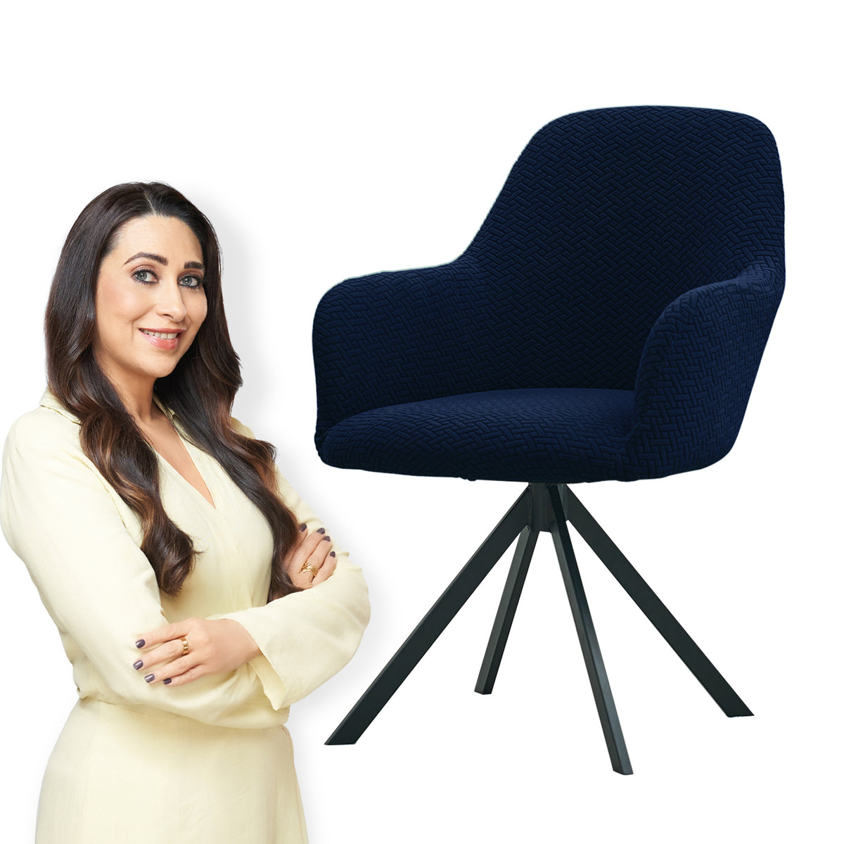 Premium Jacquard Fully Covered Cover for Swivel Dining Chair with Arms, Navy Blue