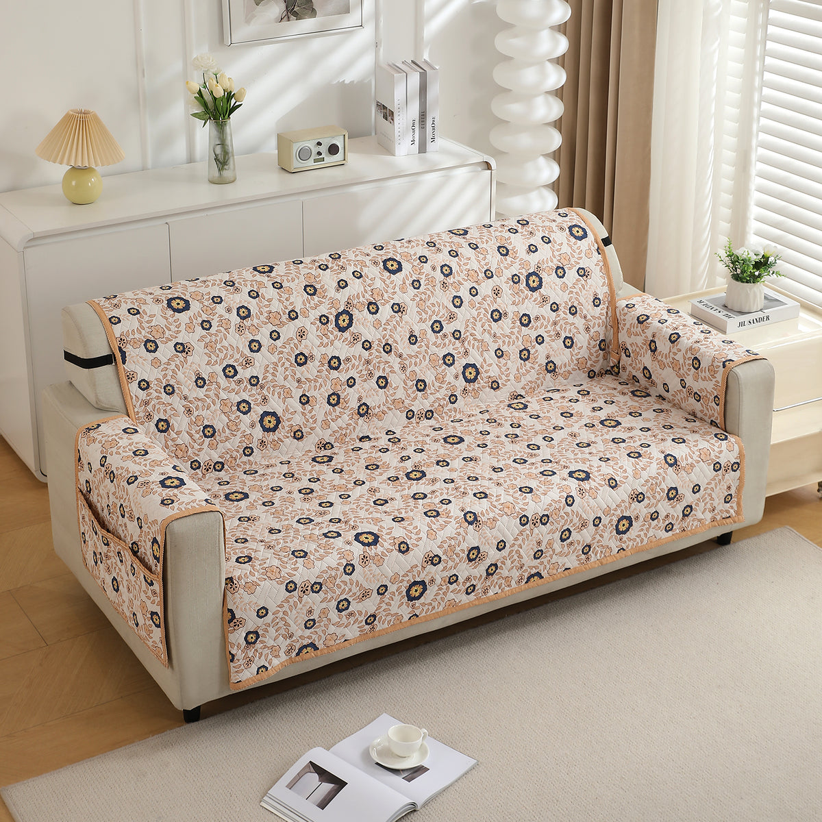 Quilted Sofa Cover with Pockets, Light Peach Candytuft