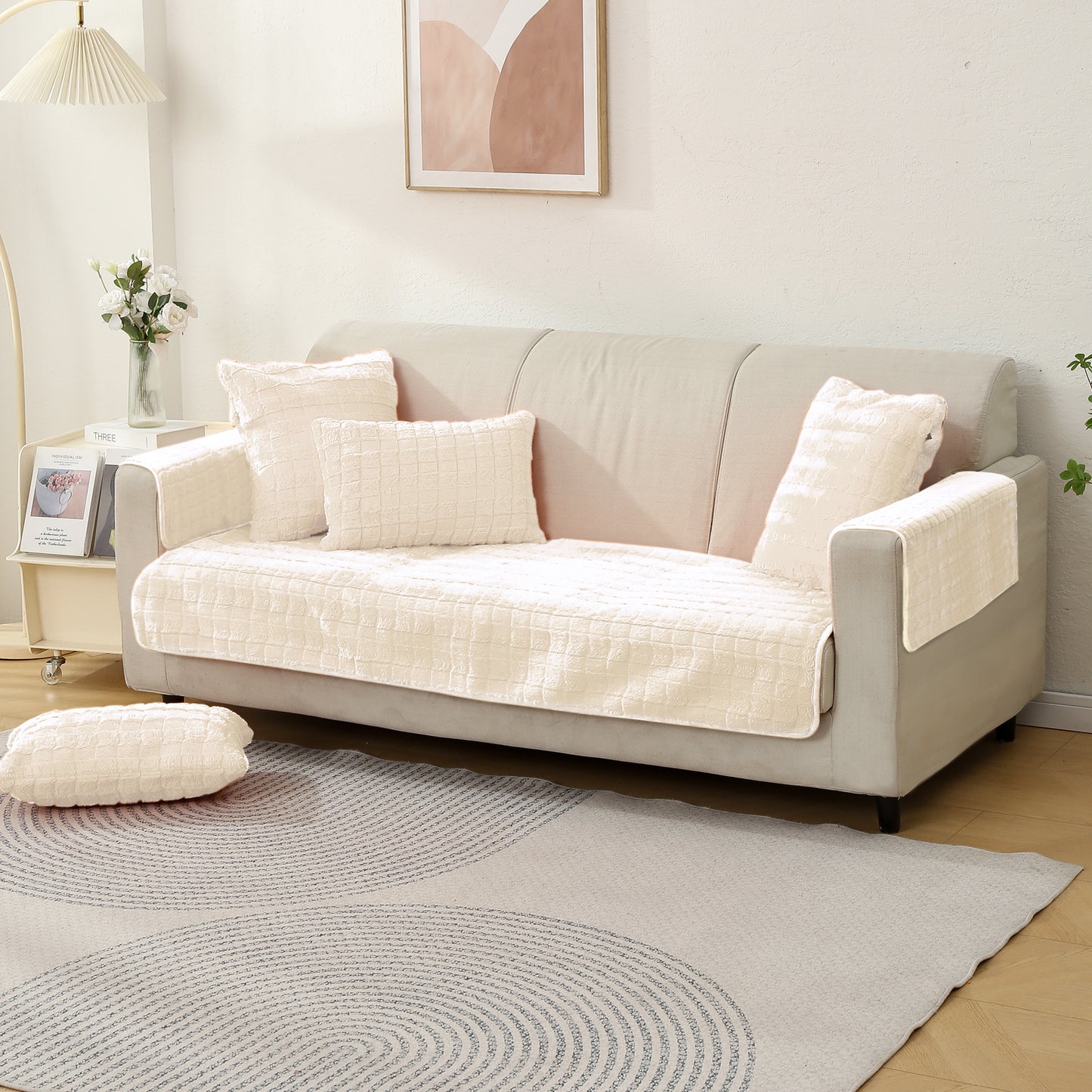 Premium Plush Sofa Cover Mat with 2 Armrest Cover and Cushion Cover, White