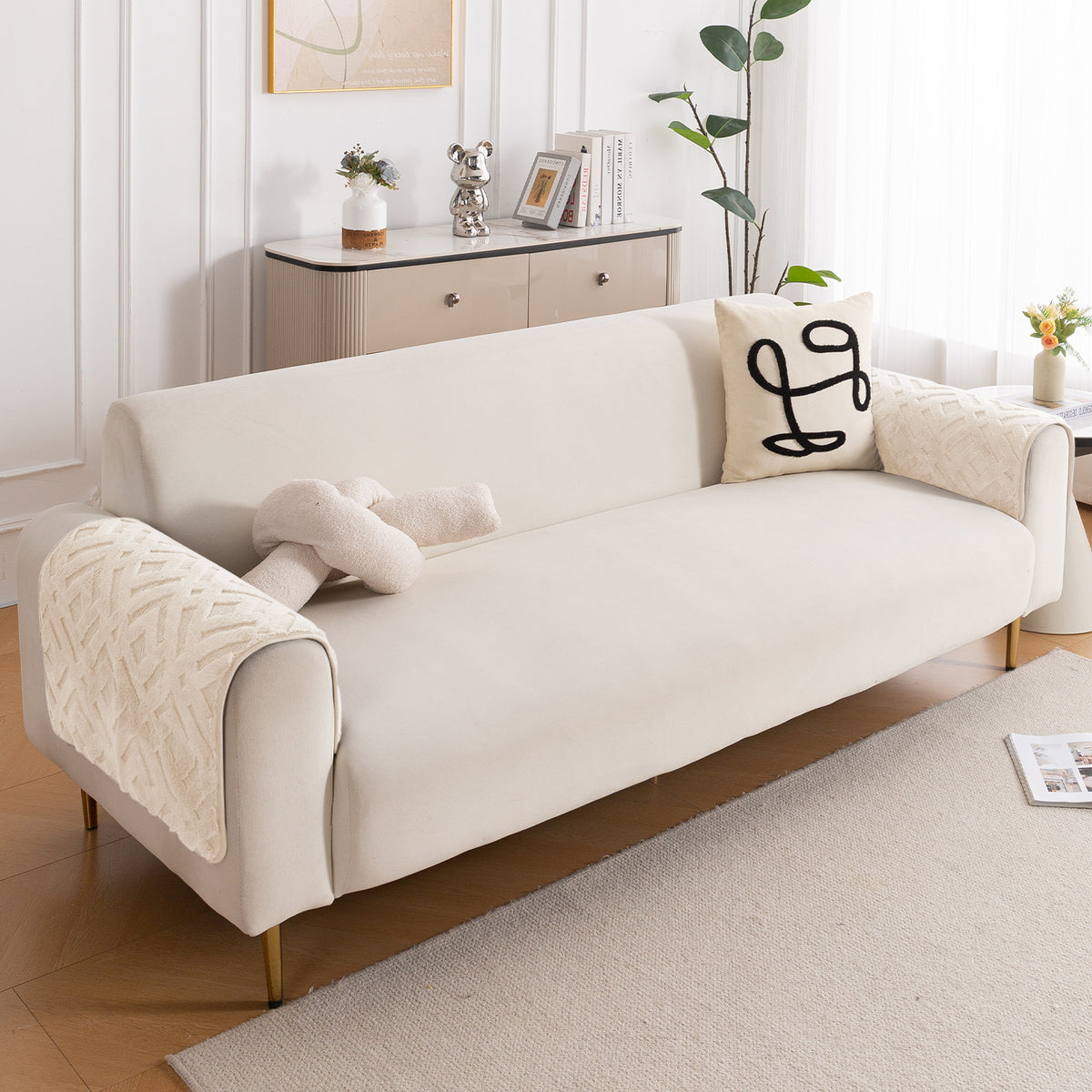 Velvet Maze Sofa Cover Mat, Beige