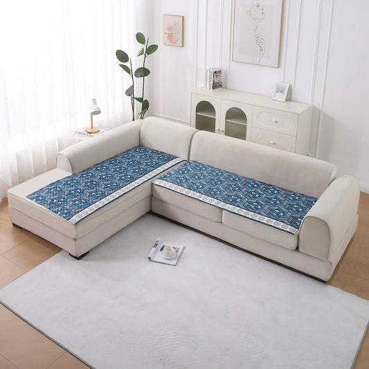 LiefNest Printed Holland Velvet L Shape Sofa Seat Mat with Foam Filling - Geometric Floral Oriental Blue