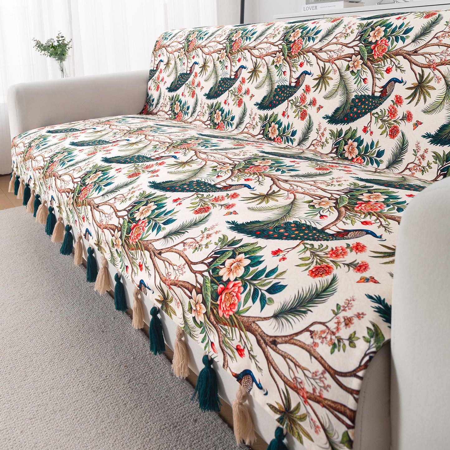 'Whispers of Nature' Series Holland Velvet Sofa Cover with Tassel, Multicolor Tropical Peacock