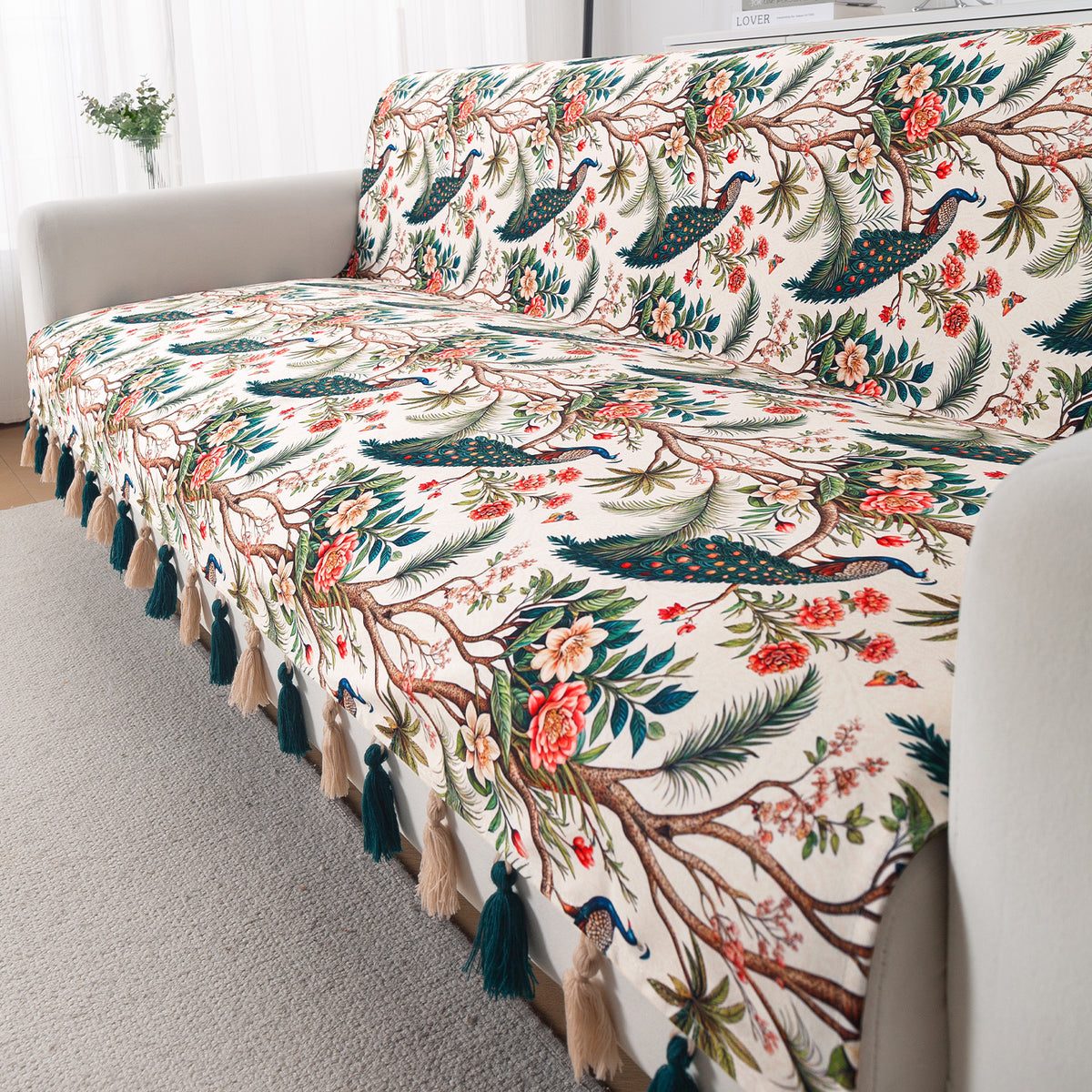 'Whispers of Nature' Series Holland Velvet Sofa Cover with Tassel, Multicolor Tropical Peacock