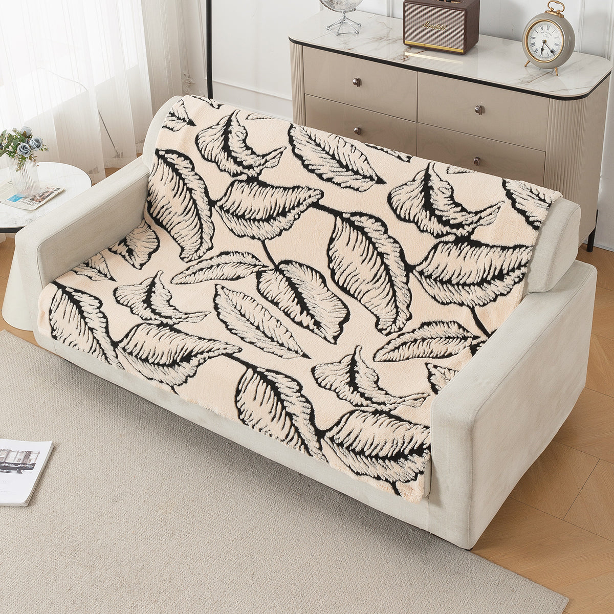 'Noirea Series' Plush Sofa Cover for Seat & Back, Botanical Leaf