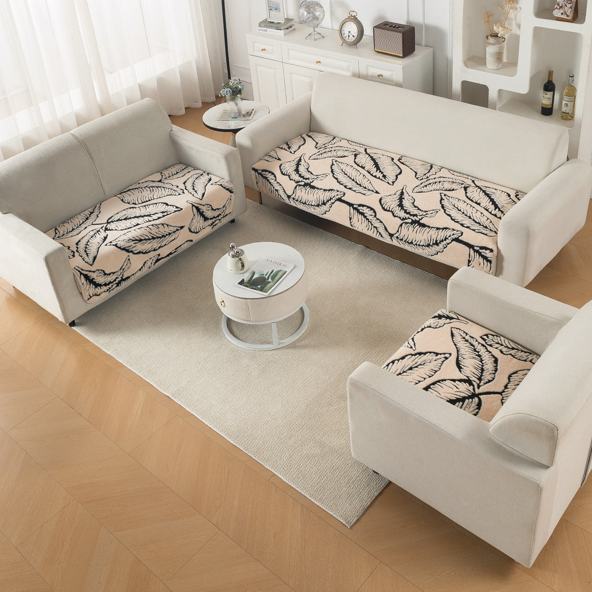 Luxury Plush Sherpa Anti Slip Combination Sofa Mat, 'Noirea Series'|Botanical Leaf