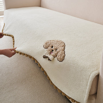 CloudHug Plush Sofa Cover Mat with PomPom and Wavy Edges, Ivory Cream