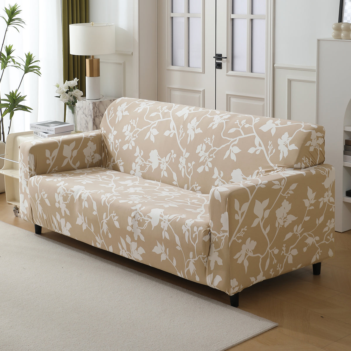 Elastic Stretchable Printed 140gsm Fully Covered Sofa Cover, Buff Brown Sillehoute Floral