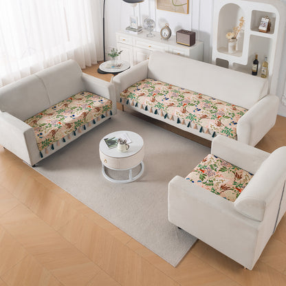 'Whispers of Nature' Series Holland Velvet Sofa Seat Mat with Tassel, Beige Woodland Bloom