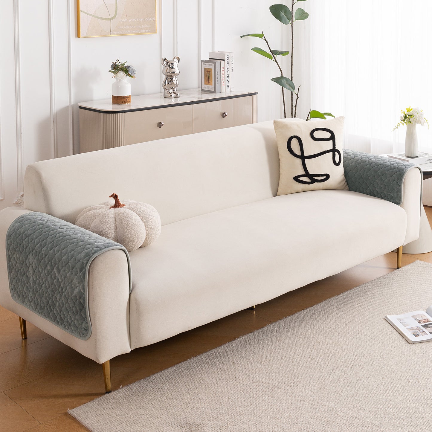 Diamond Plush Pebble Quilted Sofa Cover Mat, Grey