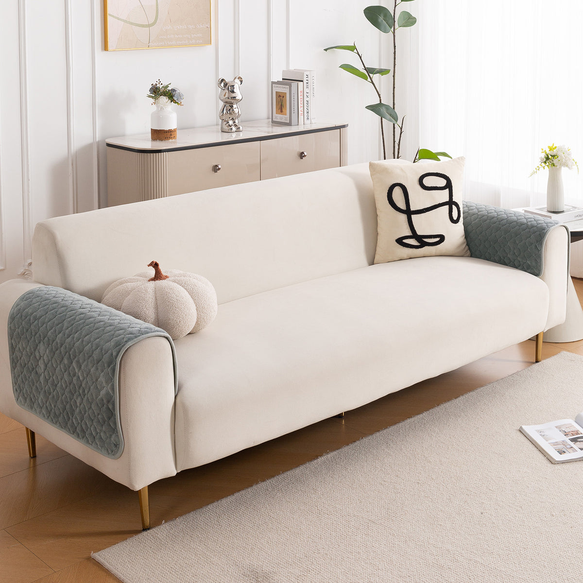 Diamond Plush Pebble Quilted Sofa Cover Mat, Grey