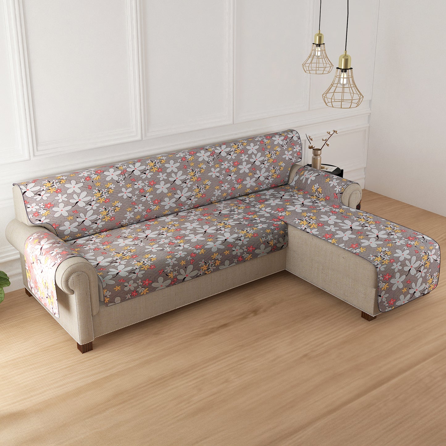 HomeHues Series Quilted Sofa Cover with Secure Fit Belt for L Shape sofa, Pastel Brown Sandwort Flower