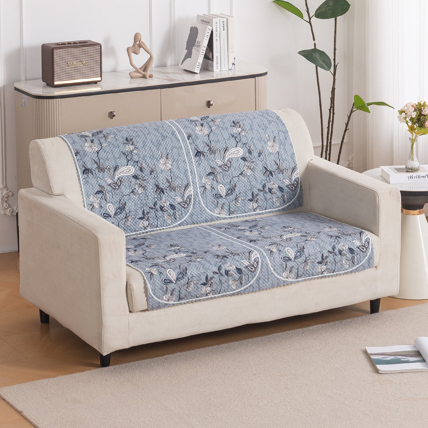 HeavenHue Fleece Soft Touch Quilted Sofa Cover Set Washable Sofa Panel for Seat & Back - Frosted Petals