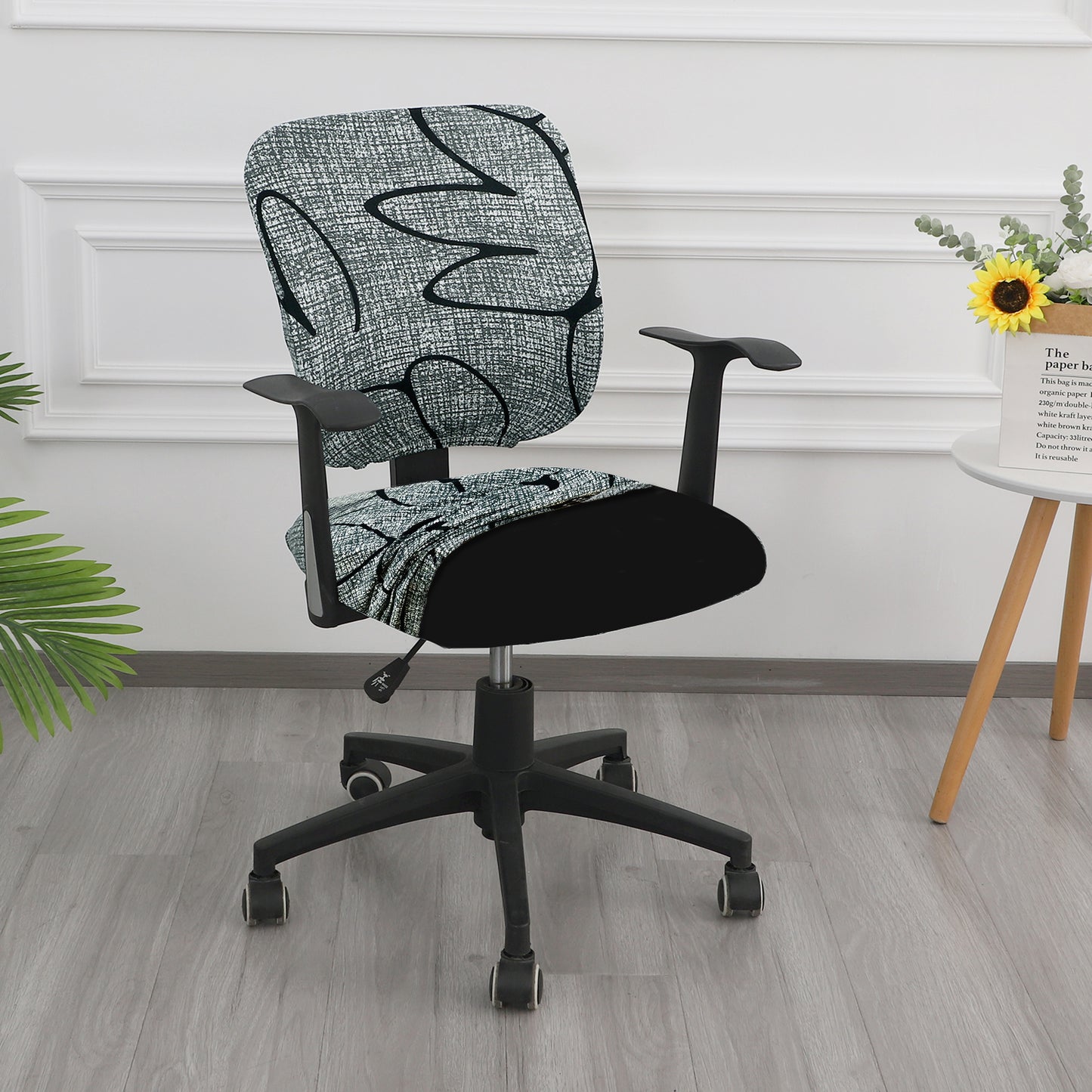 Printed Office Chair Cover for Task Chair – 140 GSM Stretchable Fabric – Washable & Anti-Slip – Fits Small Office Chairs Without Headrest, Intense Grey Abstract Floral
