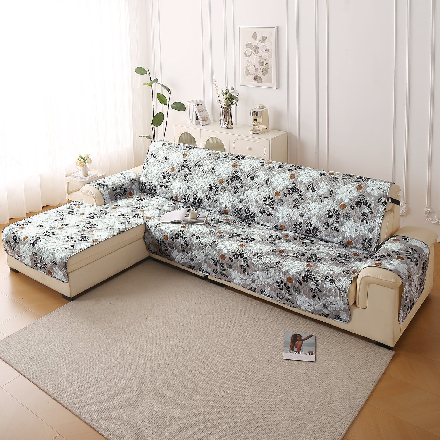 Elira Series Quilted One-Piece L Shape Sofa Cover Mat with Left and Right Chaise, Feather Brown Floral