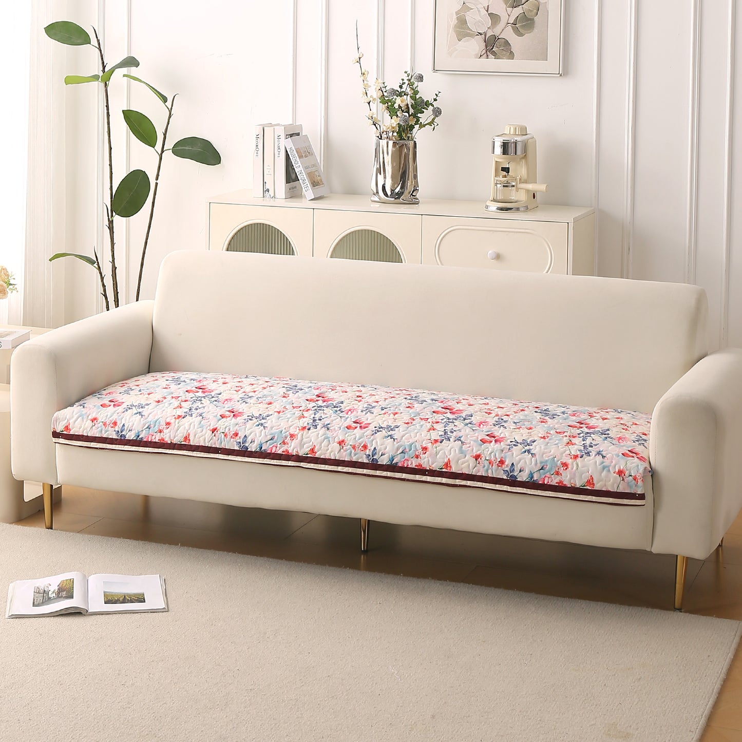 Florentina Series Printed Holland Velvet Sofa Mat - Scarlet Rose Ivory