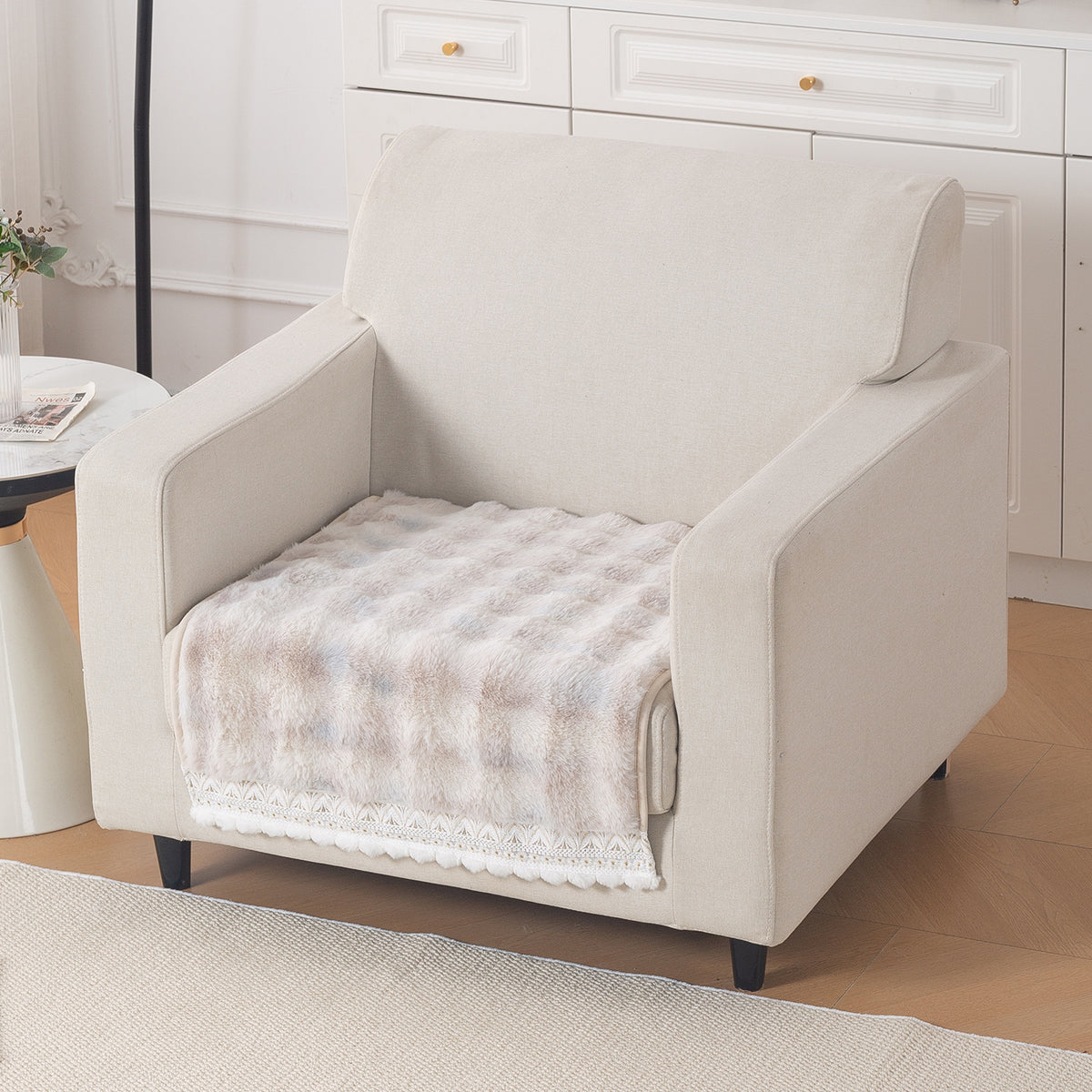 Faux Rabbit Fur Sofa Cover with Lace |Gradient Rabbit Plush, Cream