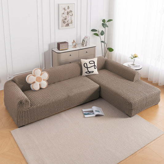 Aria Nova Bubble 2-Piece Stretchable L Shape Sofa Cover with Right Chaise, Mocha Brown