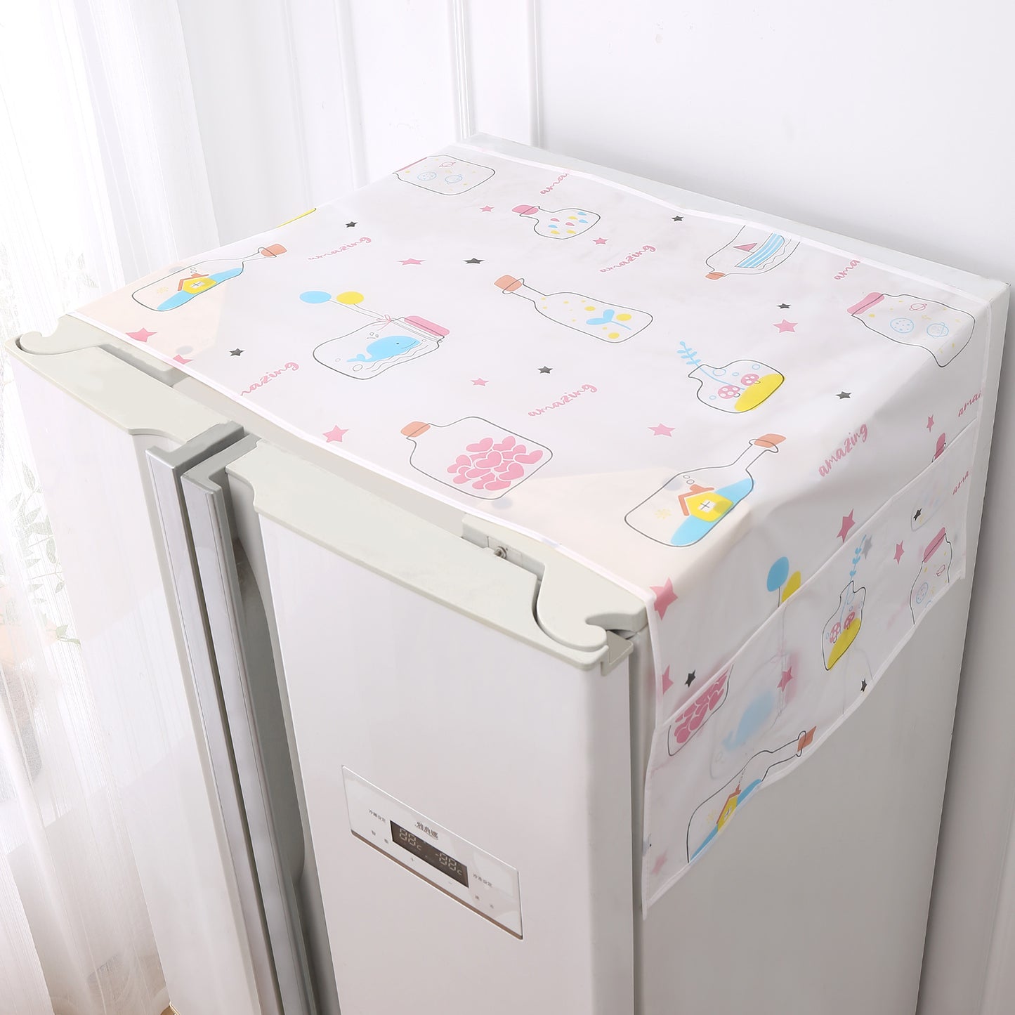 Small / Large Fridge Cover Top | For Smaller Single Door, Double Door and Bigger Double Door Refrigerator - Waterproof, Printed with 6 Side Pockets, Whimsical Bottles