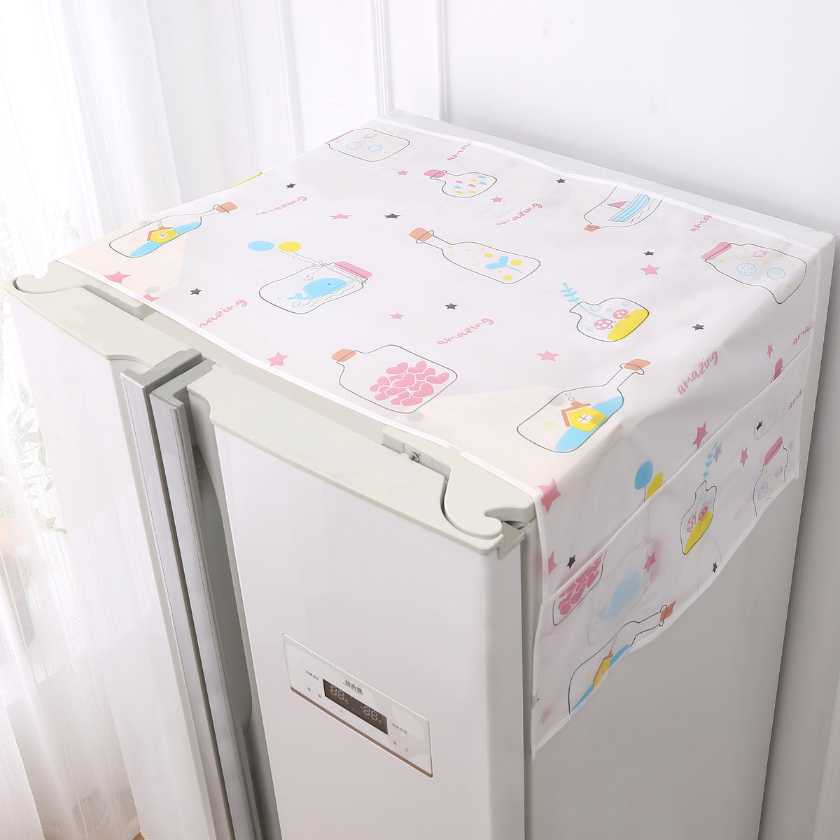 Small / Large Fridge Cover Top | For Smaller Single Door, Double Door and Bigger Double Door Refrigerator - Waterproof, Printed with 6 Side Pockets, Whimsical Bottles