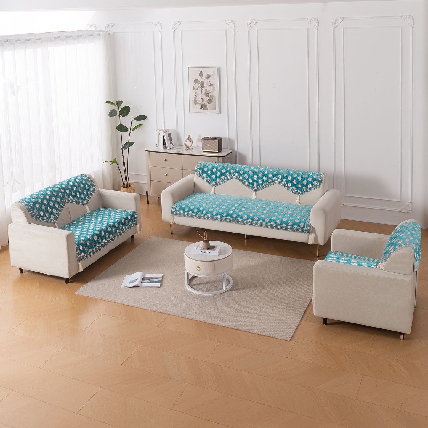 Heritage Weave Premium Jacquard Sofa Cover Set with Tassels - Emerald Teal