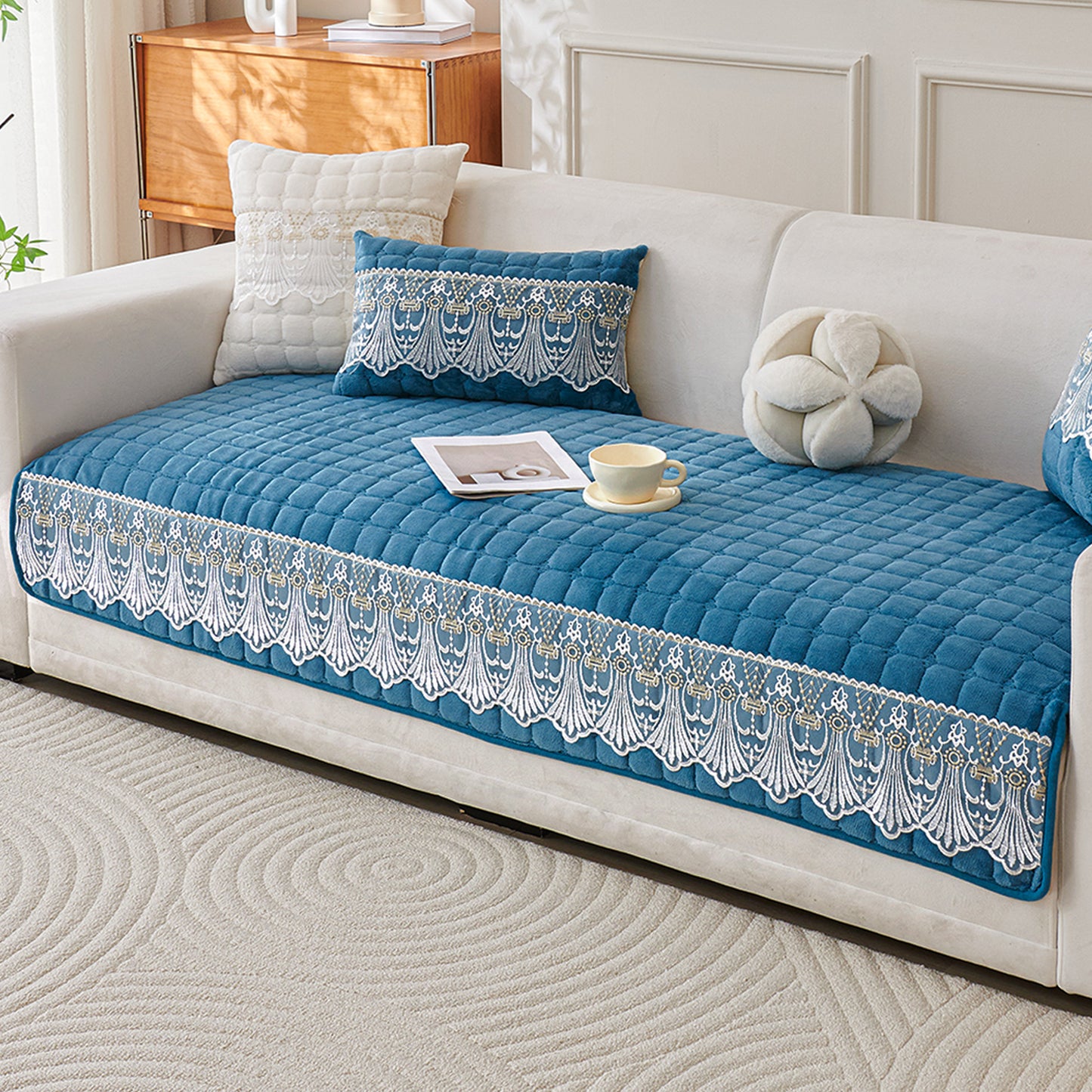 BelleLace Series Imperial Milk Velvet Sofa Cover Mat with Lace Design - Celdaon Blue