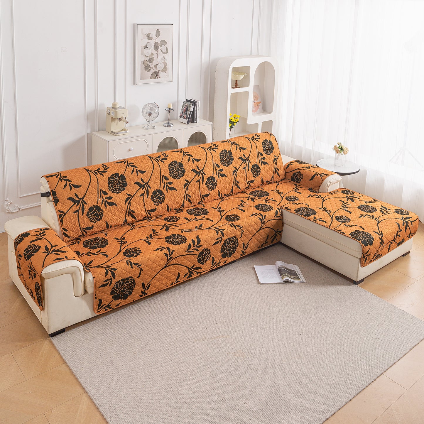 Elira Series Quilted One-Piece L Shape Sofa Cover Mat with Left and Right Chaise, Copper Brown Floral