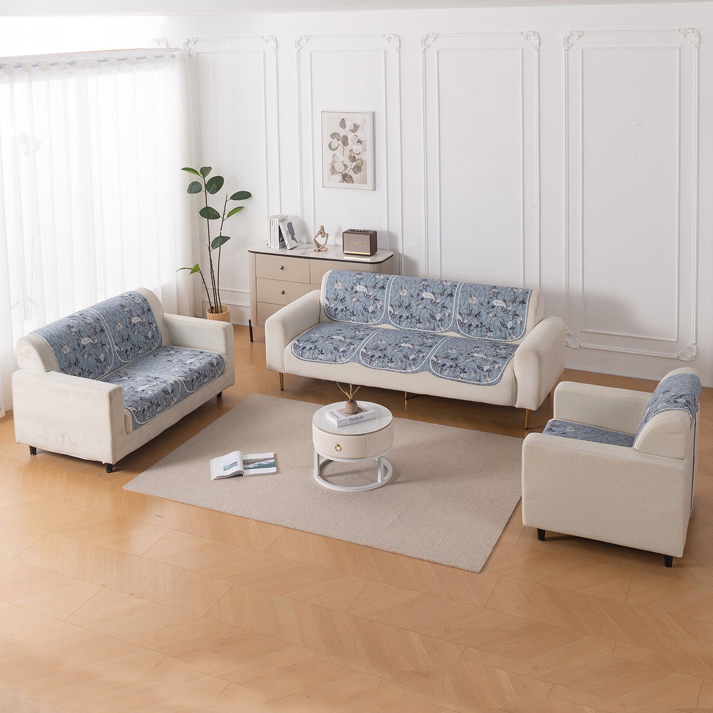 HeavenHue Fleece Soft Touch Quilted Sofa Cover Set Washable Sofa Panel for Seat & Back - Frosted Petals