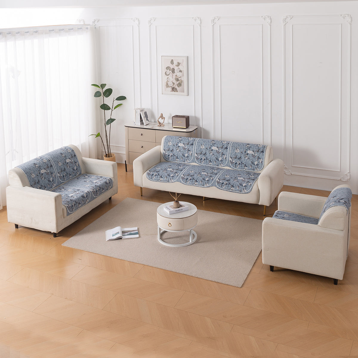 HeavenHue Fleece Soft Touch Quilted Sofa Cover Set Washable Sofa Panel for Seat & Back - Frosted Petals