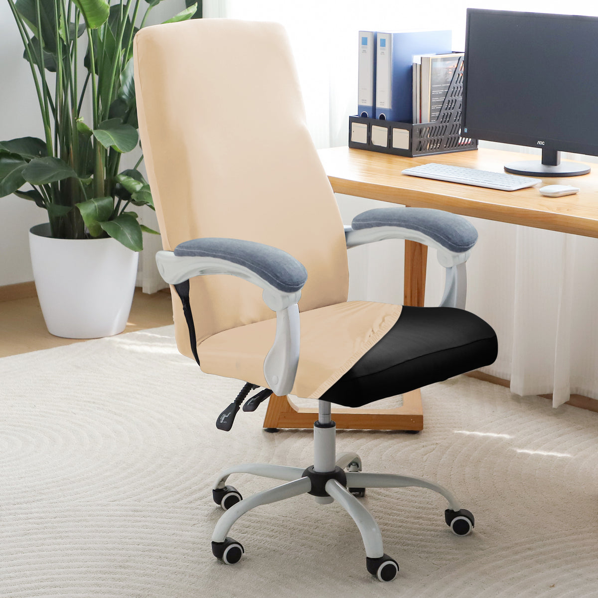 Office Chair Cover for Executive Chair (High-Back) – 140 GSM Stretch Fabric – Washable, Durable & Anti-Slip – Fits High-Back Office Chairs, Beige