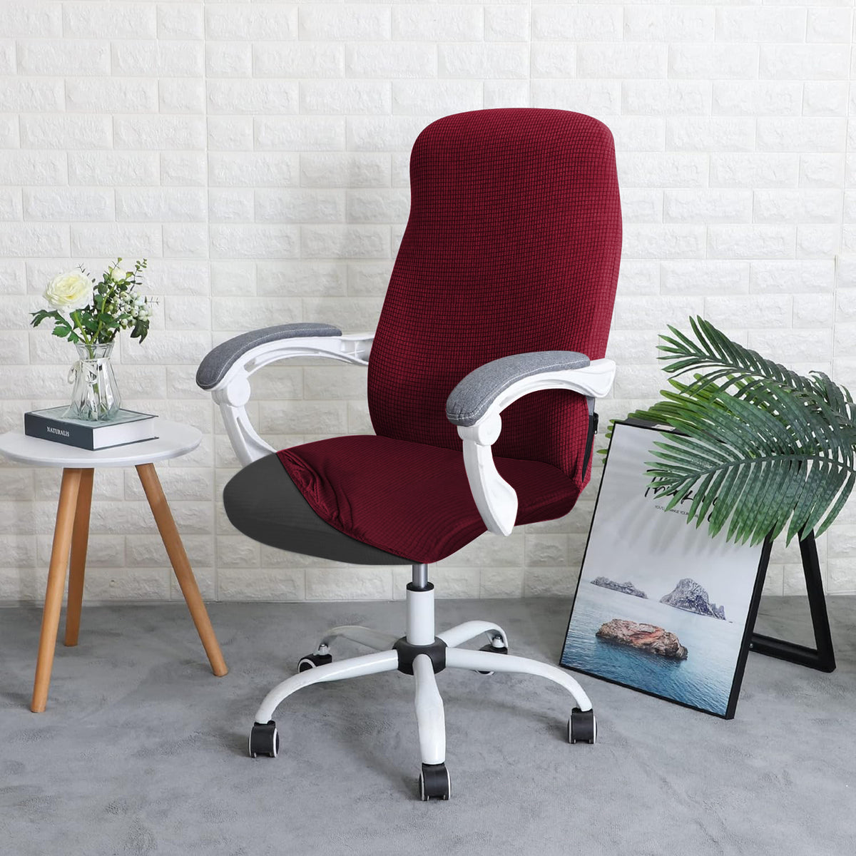 Water Repellent Office Chair Cover for Desk Chair (Mid-Back) – 210 GSM Stretch Jacquard – Washable, Durable & Anti-Slip – Fits Mid-Back Office Chairs, Burgundy