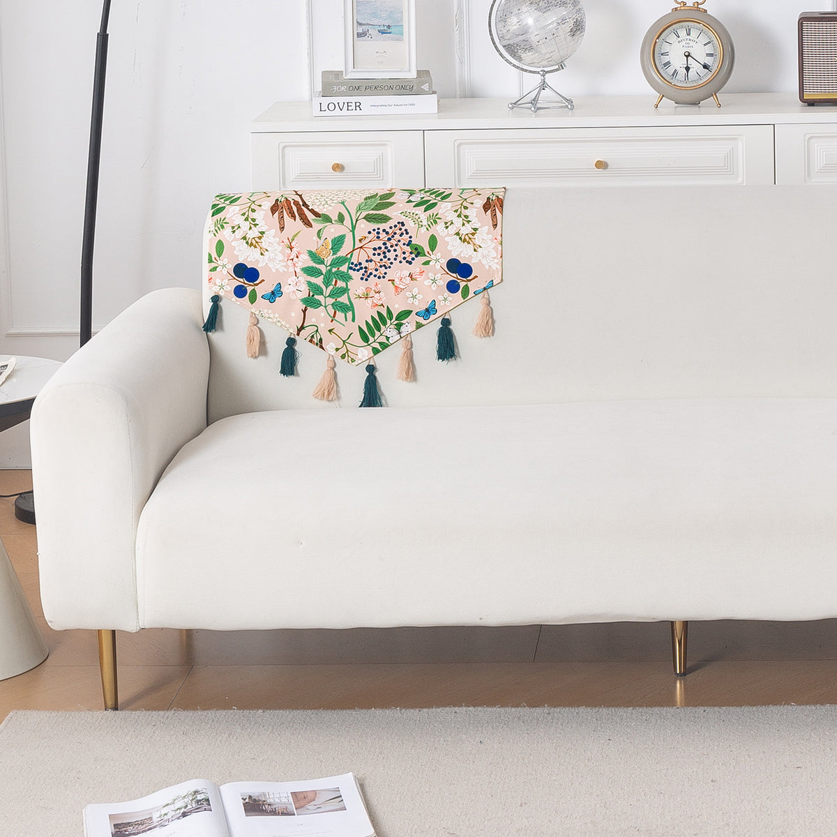 'Whispers of Nature' Series Holland Velvet Sofa Mat with Tassel, Beige Woodland Bloom