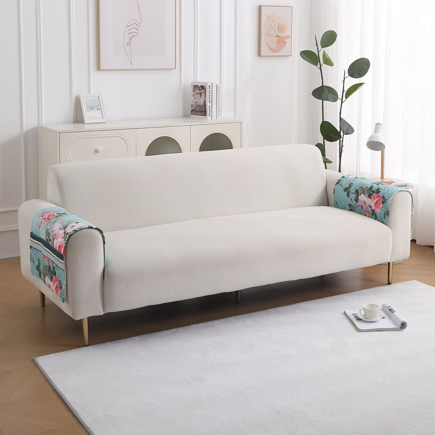 LiefNest Printed Holland Velvet Sofa Mat with Foam Filling - Fresh Floral Pastel Blue for 1/2/3 Seater & Armrest