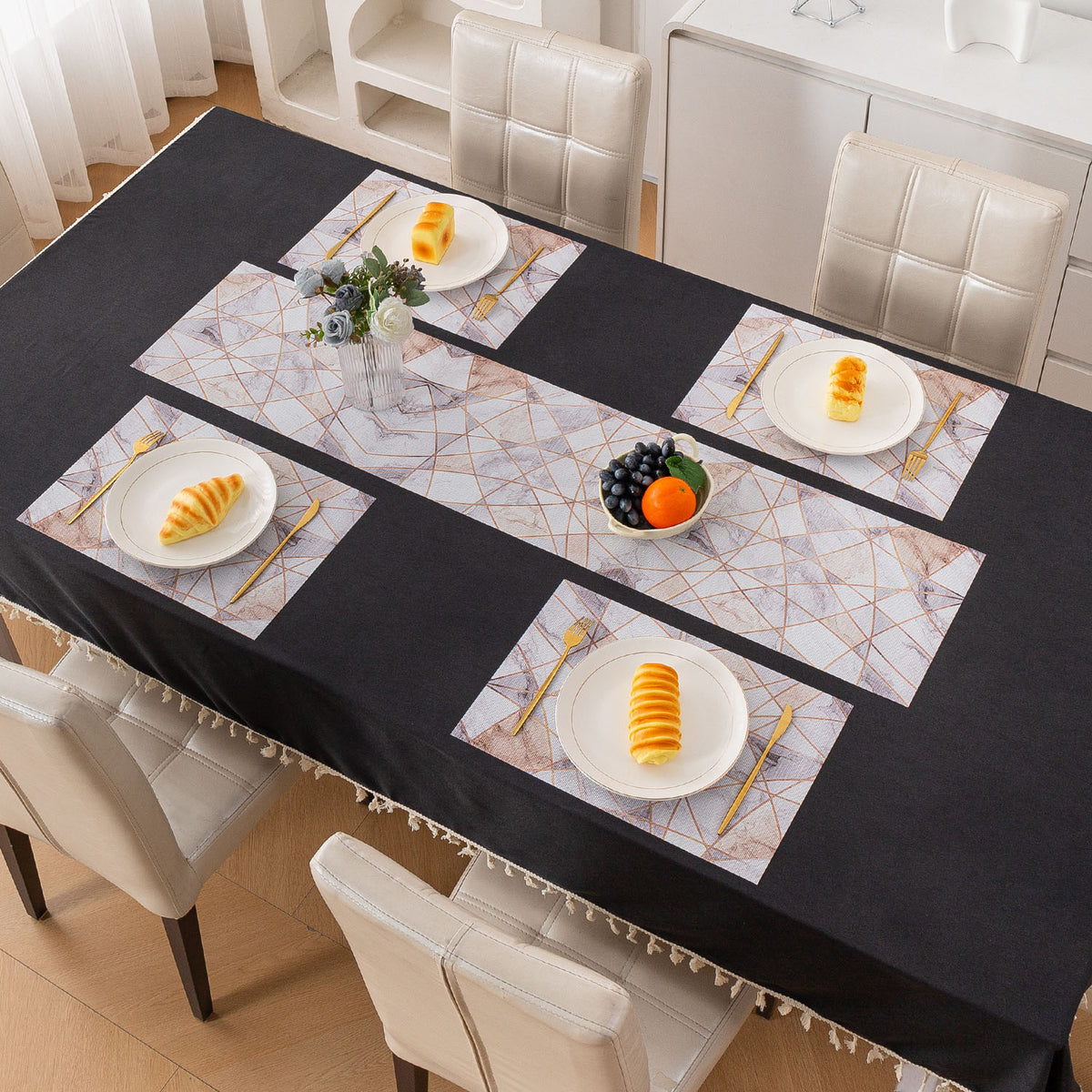 Marble Fusion PVC Mats for Dining Table, Angular Aura - Cream Gold