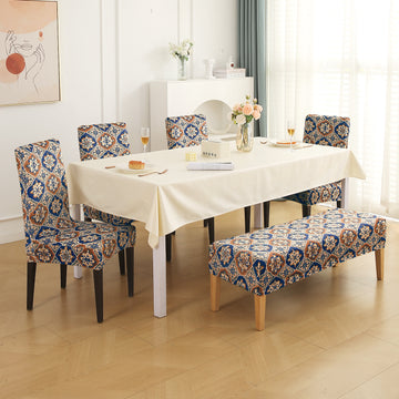 Premium Velvet Cover Set for 4 Dining Chairs + 1 Dining Bench, Indigo Moroccan Charm