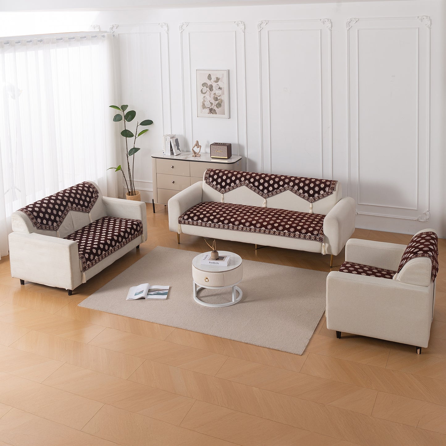 Heritage Weave Premium Jacquard Sofa Cover Set with Tassels - Coffee Brown